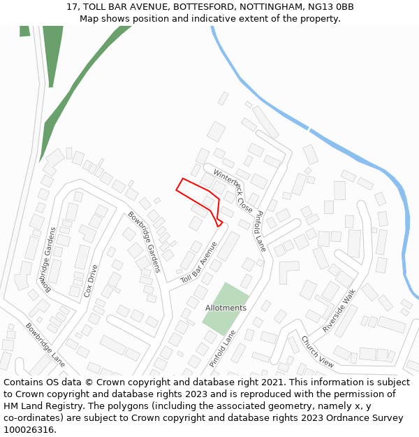 17, TOLL BAR AVENUE, BOTTESFORD, NOTTINGHAM, NG13 0BB: Location map and indicative extent of plot