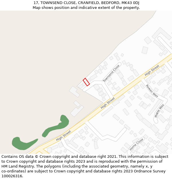 17, TOWNSEND CLOSE, CRANFIELD, BEDFORD, MK43 0DJ: Location map and indicative extent of plot