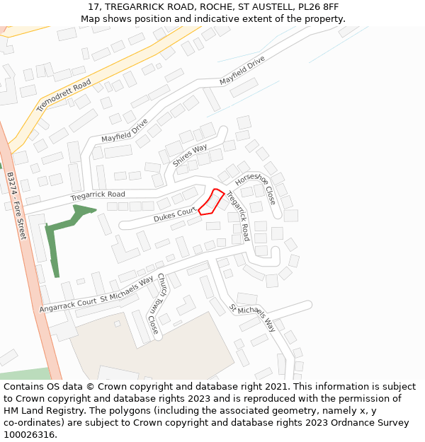 17, TREGARRICK ROAD, ROCHE, ST AUSTELL, PL26 8FF: Location map and indicative extent of plot