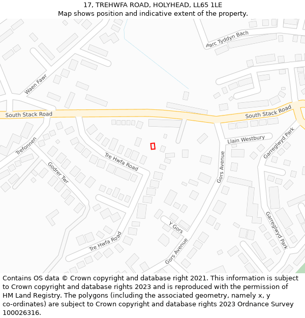 17, TREHWFA ROAD, HOLYHEAD, LL65 1LE: Location map and indicative extent of plot