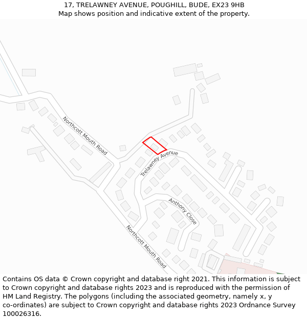 17, TRELAWNEY AVENUE, POUGHILL, BUDE, EX23 9HB: Location map and indicative extent of plot