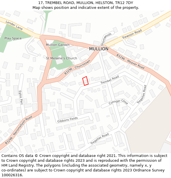 17, TREMBEL ROAD, MULLION, HELSTON, TR12 7DY: Location map and indicative extent of plot