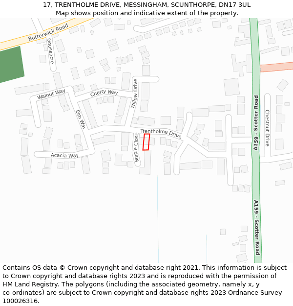 17, TRENTHOLME DRIVE, MESSINGHAM, SCUNTHORPE, DN17 3UL: Location map and indicative extent of plot