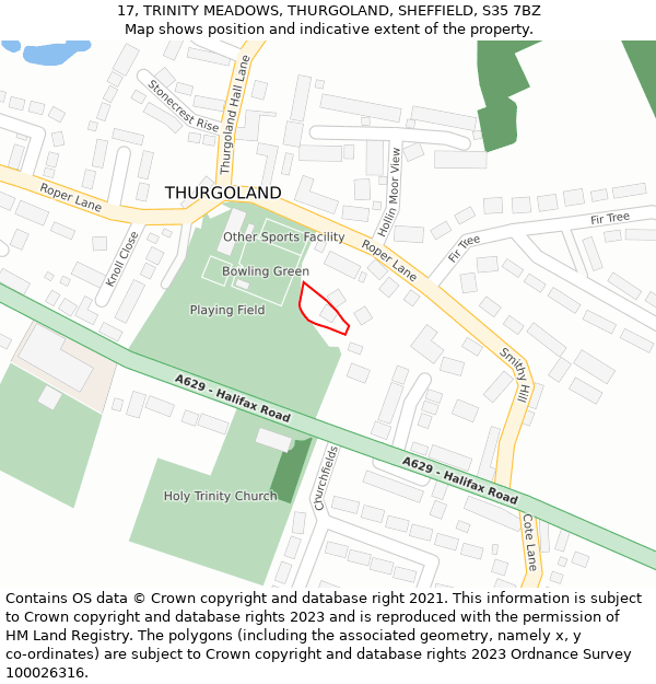 17, TRINITY MEADOWS, THURGOLAND, SHEFFIELD, S35 7BZ: Location map and indicative extent of plot