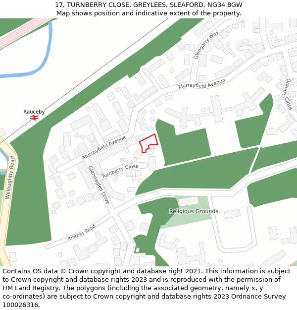 17, TURNBERRY CLOSE, GREYLEES, SLEAFORD, NG34 8GW: Location map and indicative extent of plot