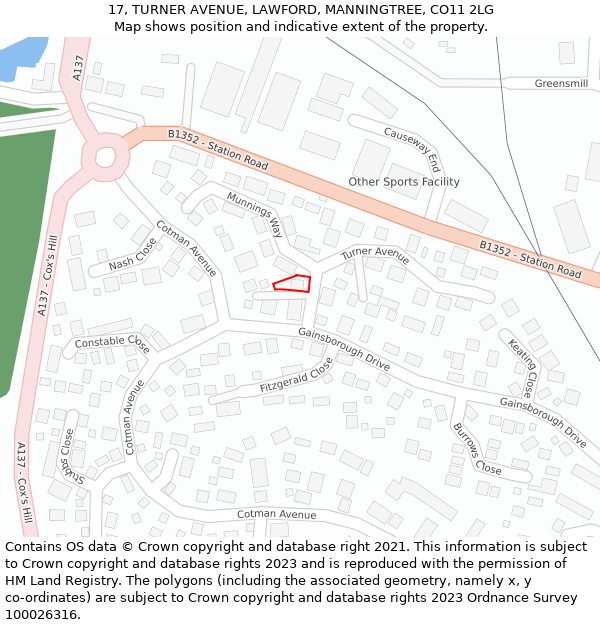 17, TURNER AVENUE, LAWFORD, MANNINGTREE, CO11 2LG: Location map and indicative extent of plot