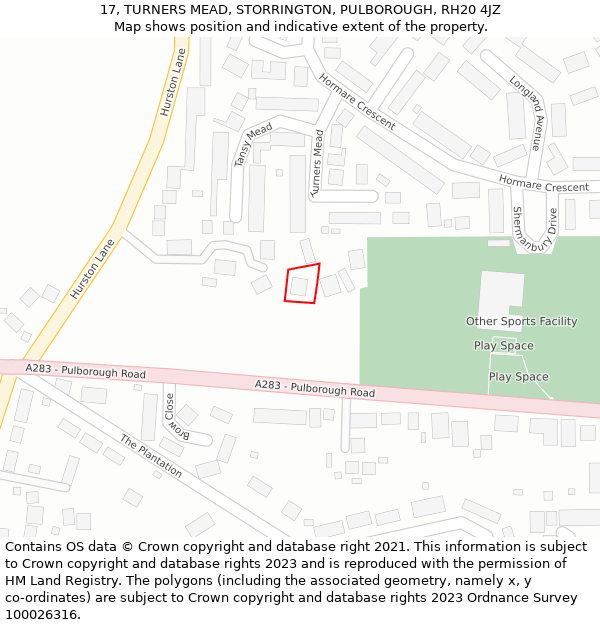 17, TURNERS MEAD, STORRINGTON, PULBOROUGH, RH20 4JZ: Location map and indicative extent of plot