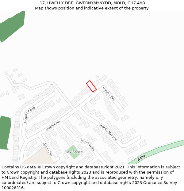 17, UWCH Y DRE, GWERNYMYNYDD, MOLD, CH7 4AB: Location map and indicative extent of plot