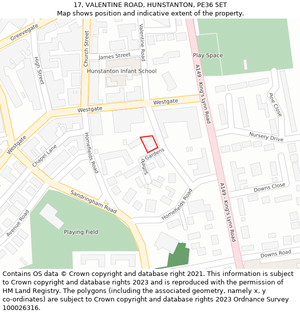 17, VALENTINE ROAD, HUNSTANTON, PE36 5ET: Location map and indicative extent of plot