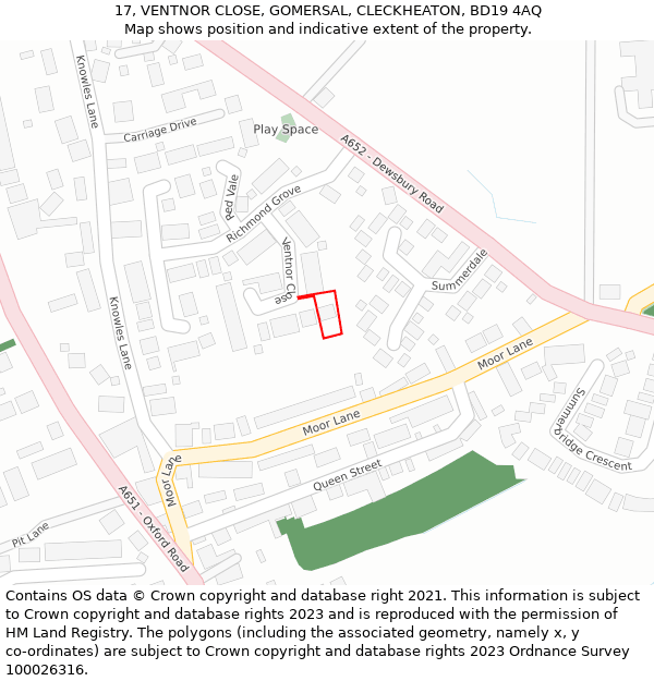 17, VENTNOR CLOSE, GOMERSAL, CLECKHEATON, BD19 4AQ: Location map and indicative extent of plot