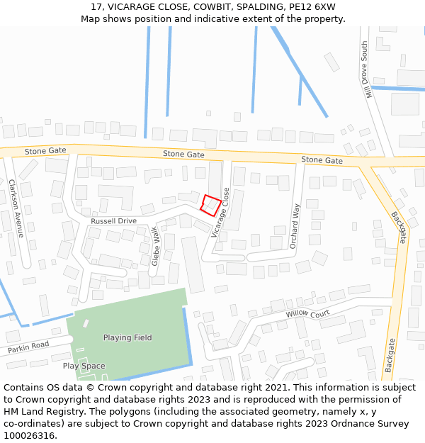 17, VICARAGE CLOSE, COWBIT, SPALDING, PE12 6XW: Location map and indicative extent of plot