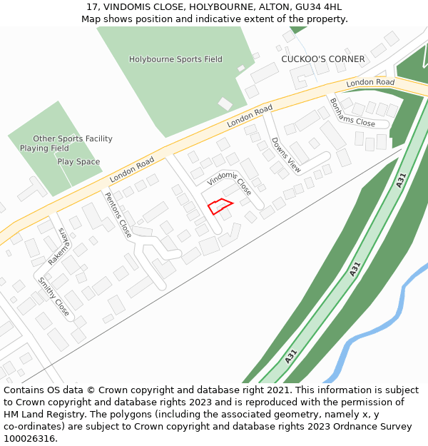 17, VINDOMIS CLOSE, HOLYBOURNE, ALTON, GU34 4HL: Location map and indicative extent of plot