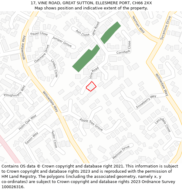 17, VINE ROAD, GREAT SUTTON, ELLESMERE PORT, CH66 2XX: Location map and indicative extent of plot