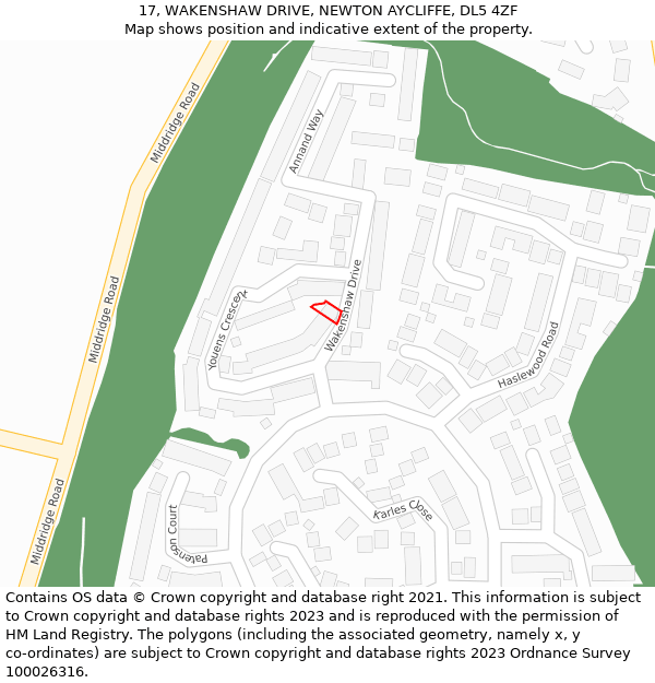 17, WAKENSHAW DRIVE, NEWTON AYCLIFFE, DL5 4ZF: Location map and indicative extent of plot