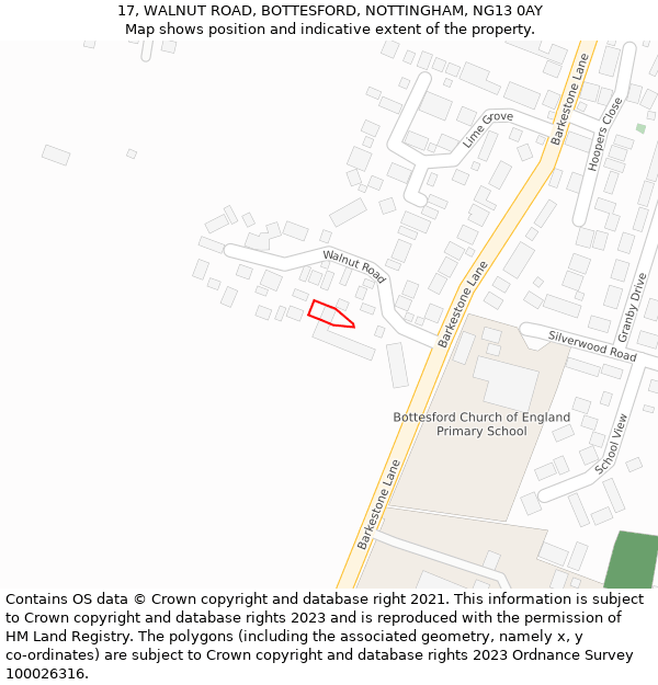 17, WALNUT ROAD, BOTTESFORD, NOTTINGHAM, NG13 0AY: Location map and indicative extent of plot