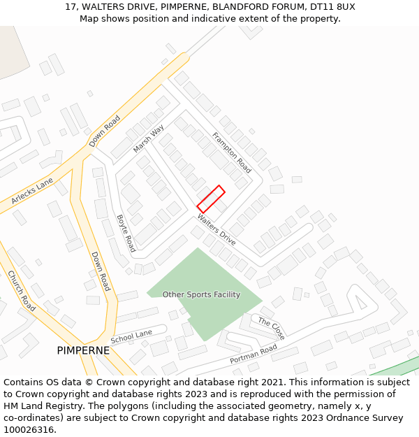 17, WALTERS DRIVE, PIMPERNE, BLANDFORD FORUM, DT11 8UX: Location map and indicative extent of plot