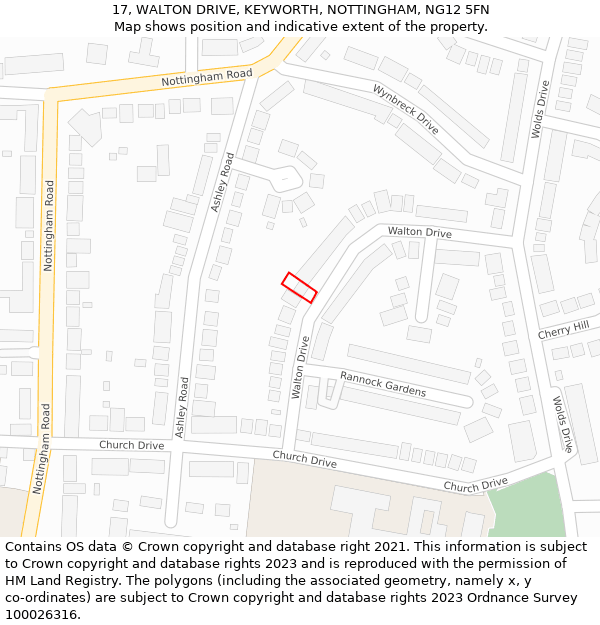 17, WALTON DRIVE, KEYWORTH, NOTTINGHAM, NG12 5FN: Location map and indicative extent of plot