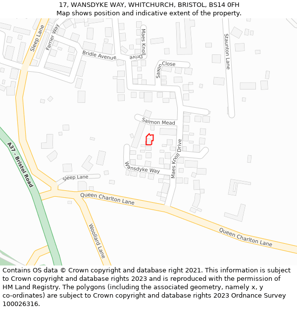 17, WANSDYKE WAY, WHITCHURCH, BRISTOL, BS14 0FH: Location map and indicative extent of plot