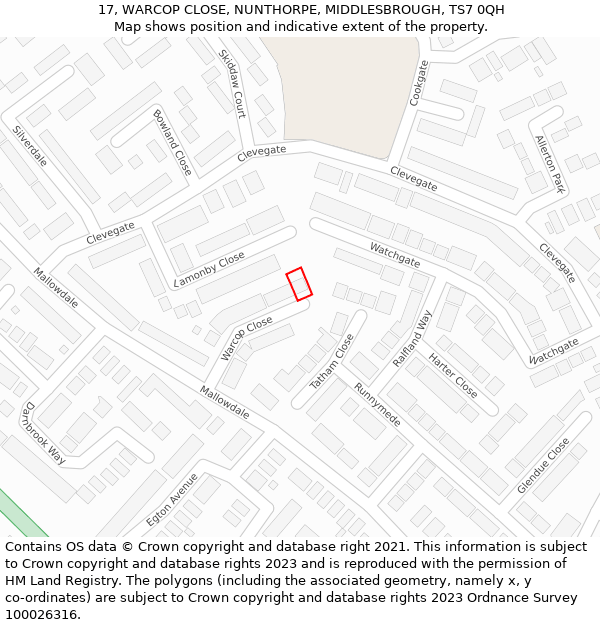 17, WARCOP CLOSE, NUNTHORPE, MIDDLESBROUGH, TS7 0QH: Location map and indicative extent of plot