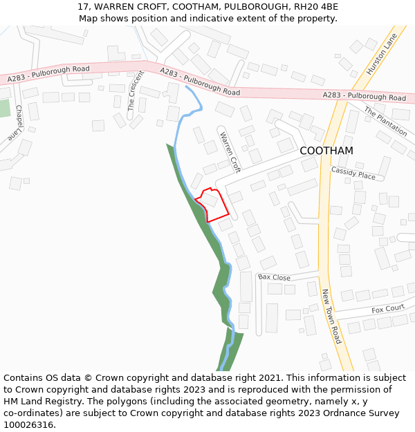 17, WARREN CROFT, COOTHAM, PULBOROUGH, RH20 4BE: Location map and indicative extent of plot