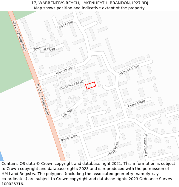 17, WARRENER'S REACH, LAKENHEATH, BRANDON, IP27 9DJ: Location map and indicative extent of plot