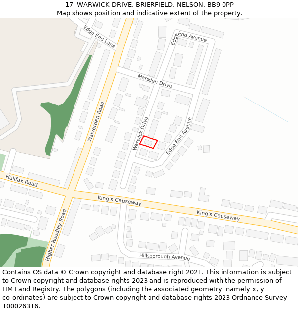 17, WARWICK DRIVE, BRIERFIELD, NELSON, BB9 0PP: Location map and indicative extent of plot