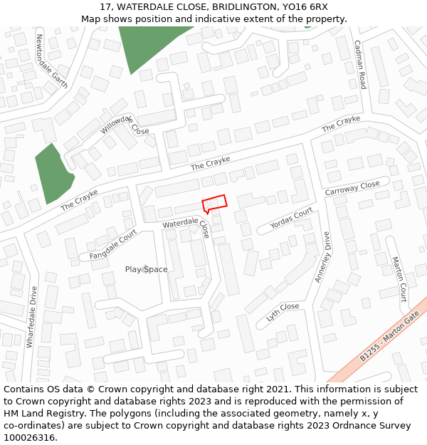 17, WATERDALE CLOSE, BRIDLINGTON, YO16 6RX: Location map and indicative extent of plot