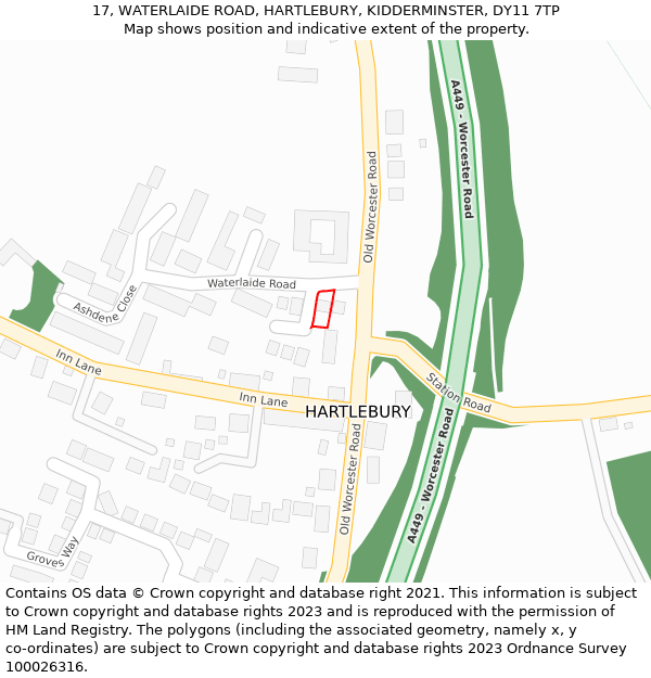 17, WATERLAIDE ROAD, HARTLEBURY, KIDDERMINSTER, DY11 7TP: Location map and indicative extent of plot