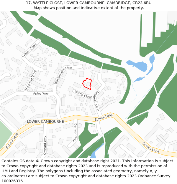 17, WATTLE CLOSE, LOWER CAMBOURNE, CAMBRIDGE, CB23 6BU: Location map and indicative extent of plot