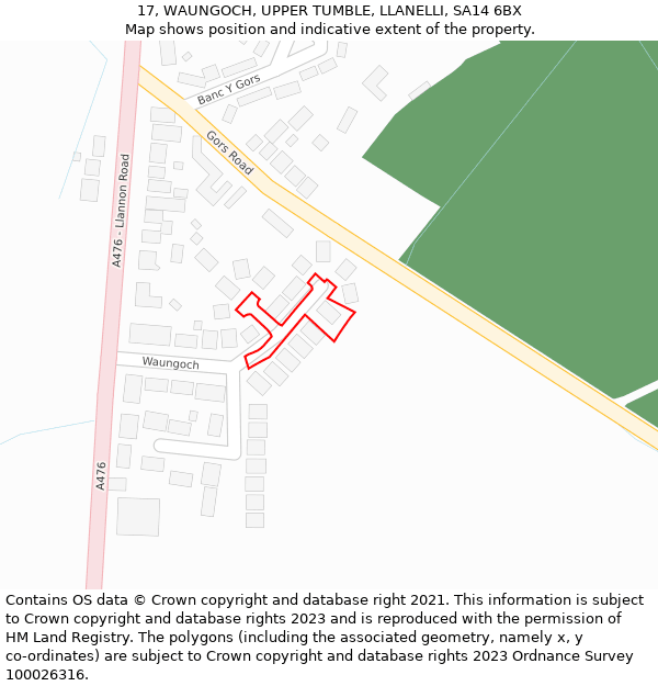 17, WAUNGOCH, UPPER TUMBLE, LLANELLI, SA14 6BX: Location map and indicative extent of plot