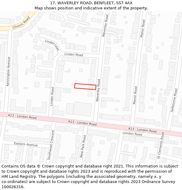 17, WAVERLEY ROAD, BENFLEET, SS7 4AX: Location map and indicative extent of plot