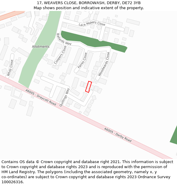 17, WEAVERS CLOSE, BORROWASH, DERBY, DE72 3YB: Location map and indicative extent of plot