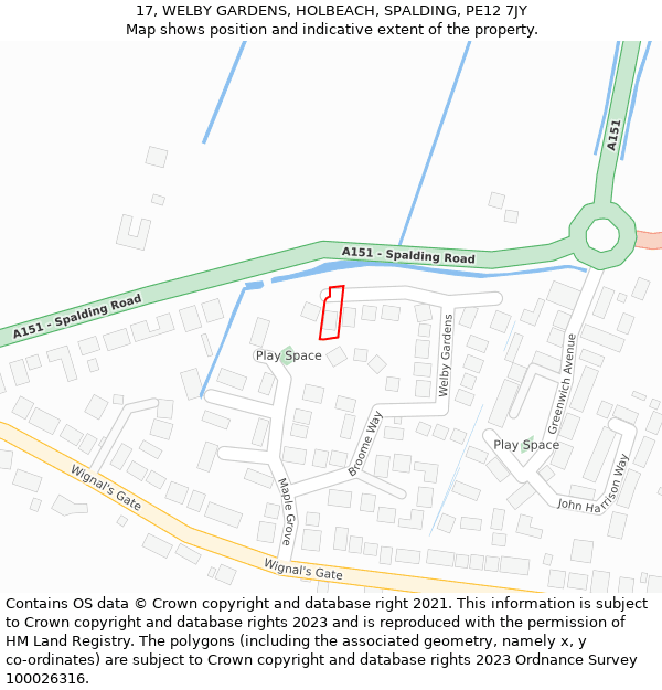 17, WELBY GARDENS, HOLBEACH, SPALDING, PE12 7JY: Location map and indicative extent of plot