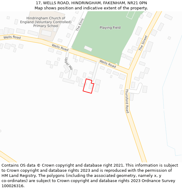 17, WELLS ROAD, HINDRINGHAM, FAKENHAM, NR21 0PN: Location map and indicative extent of plot