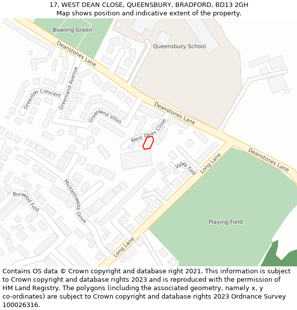 17, WEST DEAN CLOSE, QUEENSBURY, BRADFORD, BD13 2GH: Location map and indicative extent of plot