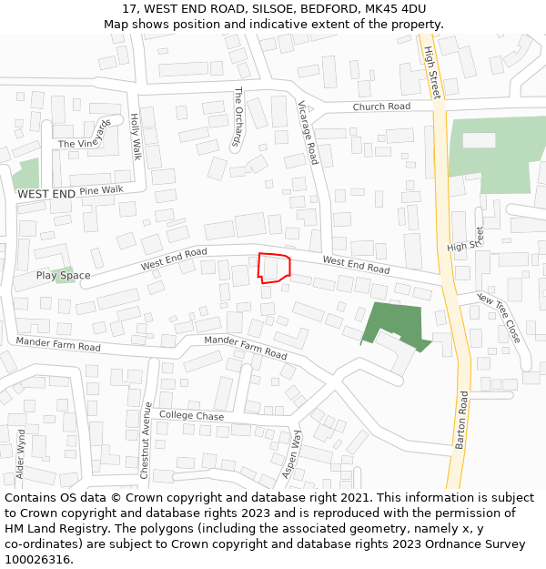 17, WEST END ROAD, SILSOE, BEDFORD, MK45 4DU: Location map and indicative extent of plot