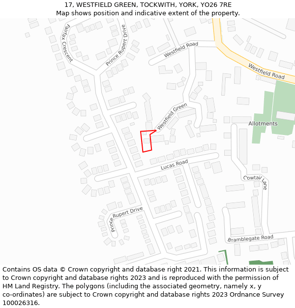 17, WESTFIELD GREEN, TOCKWITH, YORK, YO26 7RE: Location map and indicative extent of plot