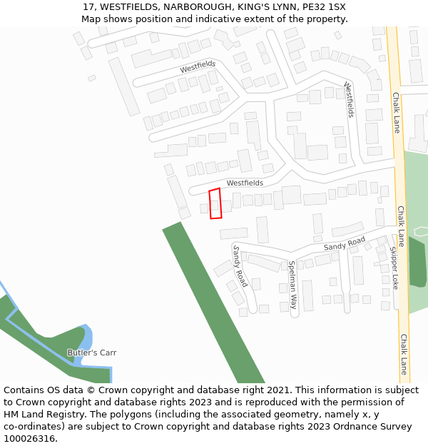 17, WESTFIELDS, NARBOROUGH, KING'S LYNN, PE32 1SX: Location map and indicative extent of plot