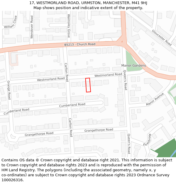 17, WESTMORLAND ROAD, URMSTON, MANCHESTER, M41 9HJ: Location map and indicative extent of plot