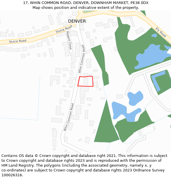 17, WHIN COMMON ROAD, DENVER, DOWNHAM MARKET, PE38 0DX: Location map and indicative extent of plot