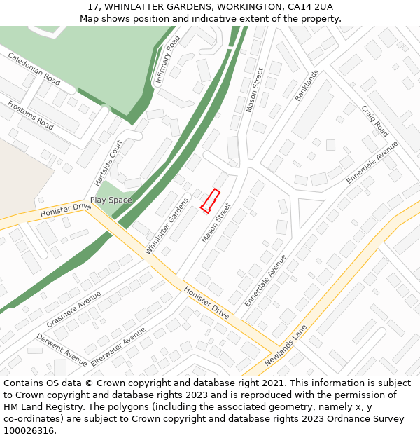 17, WHINLATTER GARDENS, WORKINGTON, CA14 2UA: Location map and indicative extent of plot