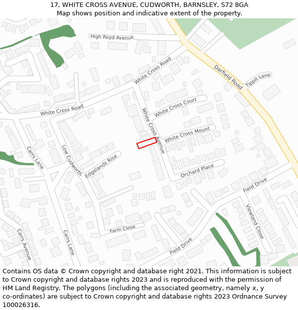 17, WHITE CROSS AVENUE, CUDWORTH, BARNSLEY, S72 8GA: Location map and indicative extent of plot