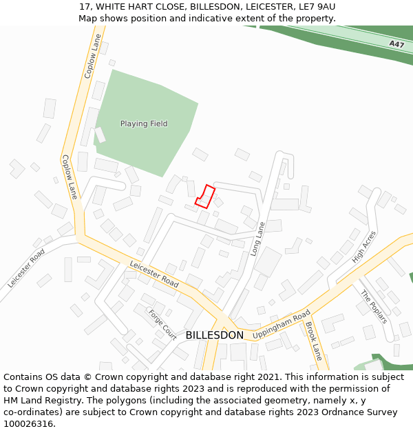 17, WHITE HART CLOSE, BILLESDON, LEICESTER, LE7 9AU: Location map and indicative extent of plot