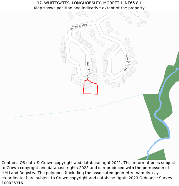 17, WHITEGATES, LONGHORSLEY, MORPETH, NE65 8UJ: Location map and indicative extent of plot