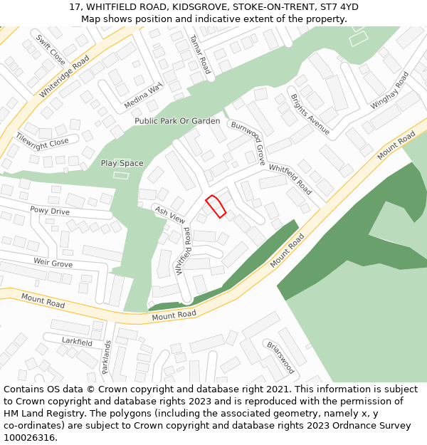 17, WHITFIELD ROAD, KIDSGROVE, STOKE-ON-TRENT, ST7 4YD: Location map and indicative extent of plot