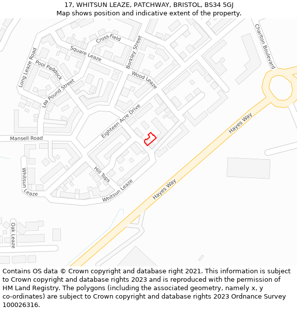 17, WHITSUN LEAZE, PATCHWAY, BRISTOL, BS34 5GJ: Location map and indicative extent of plot