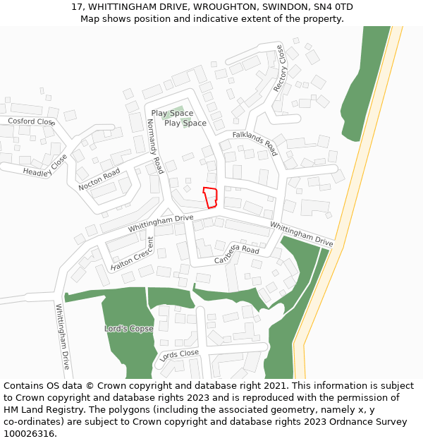 17, WHITTINGHAM DRIVE, WROUGHTON, SWINDON, SN4 0TD: Location map and indicative extent of plot