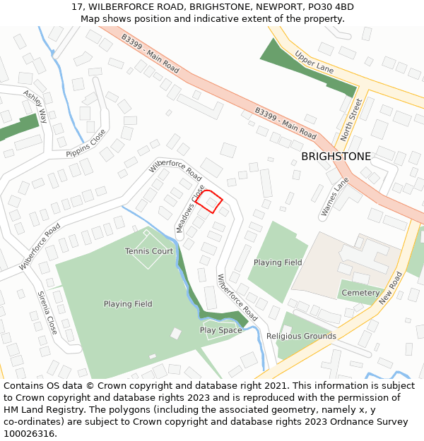 17, WILBERFORCE ROAD, BRIGHSTONE, NEWPORT, PO30 4BD: Location map and indicative extent of plot