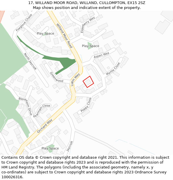 17, WILLAND MOOR ROAD, WILLAND, CULLOMPTON, EX15 2SZ: Location map and indicative extent of plot