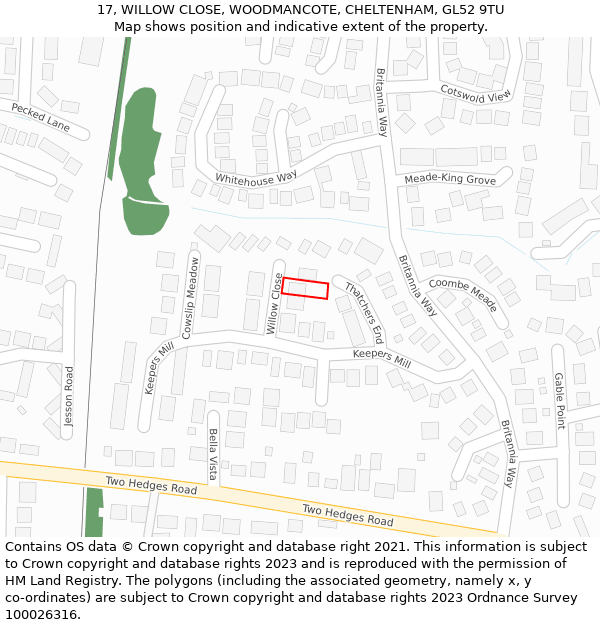 17, WILLOW CLOSE, WOODMANCOTE, CHELTENHAM, GL52 9TU: Location map and indicative extent of plot